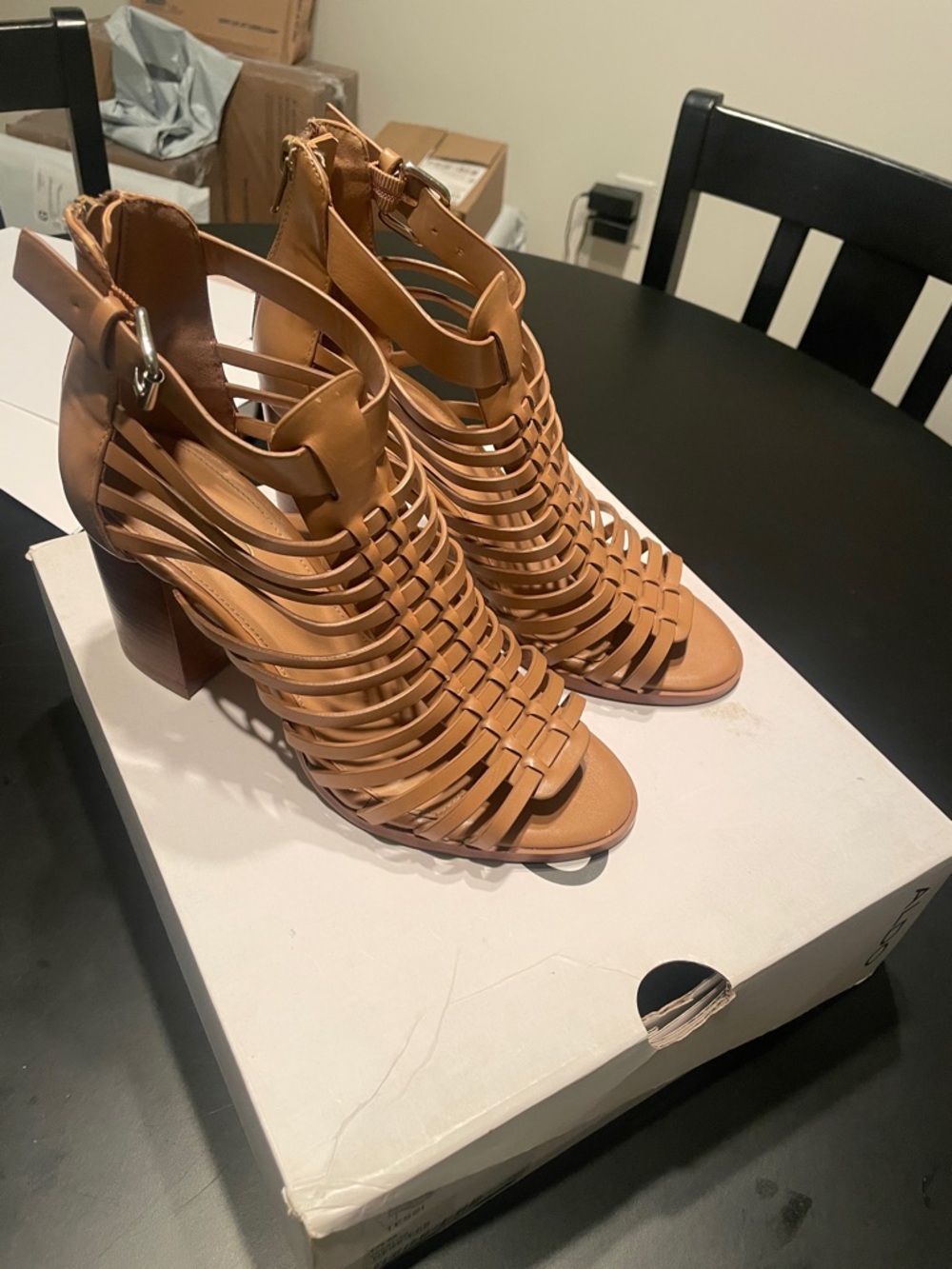 Aldo Tan Strappy Cage Block Heel Sandals